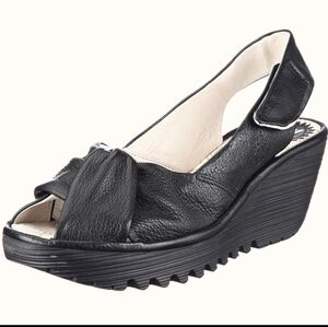 Fly London Black Yakin Wedge Heel Open Toe Sandals. Sz 37. Comfy, Cute, HP!